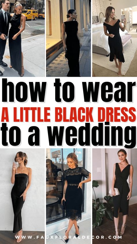 how to wear a little black dress to a wedding - wedding guest dresses Accesories Black Dress, Simple Black Dress Wedding Guest, Black Elegant Wedding Guest Dress, Black Formal Dress With Gold Jewelry, Little Black Dress For Wedding, Black Cocktail Wedding Dress, Jewelry To Go With Black Dress, Black Guest Dress For Wedding, Black Dress Accessories Jewelry Evening