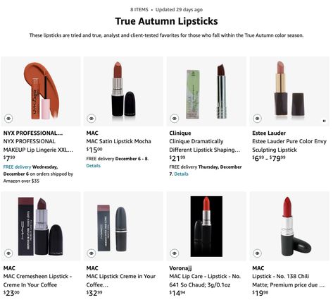 True-Autumn-Lipsticks_Amazon Lipsticks For Autumn, True Autumn Lip Color, True Autumn Lipstick Palette, Warm Autumn Lipstick Colors, True Autumn Lipstick Colour, Warm Autumn Lipstick, Deep Autumn Lipstick, True Autumn Lipstick, Dark Autumn Lipstick