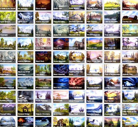 Someone Organized All 403 Of Bob Ross' Paintings On One Happy Little Website Onestroke Flowers, Bob Ross Youtube, Bob Ross Art, Bob Ross Paintings, The Joy Of Painting, Happy Paintings, Bob Ross, Mountain Paintings, Painting Lessons