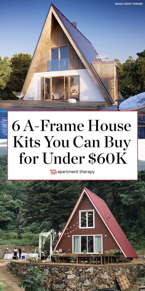 Here are 6 A-Frame House Kits you can buy for under $60,000.  #aframe #aframehouse #housekits #tinyhouse #smallspaces #aframehouse #tinyhousekit A Frame House Tiny, Build A Frame Cabin, A Frame Lake House Plans, Two Bedroom A Frame House Plans, Cute A Frame Houses, A Frame Cabin Airbnb, Cheap A Frame House, How To Build A Frame House, Tiny Aframe Homes