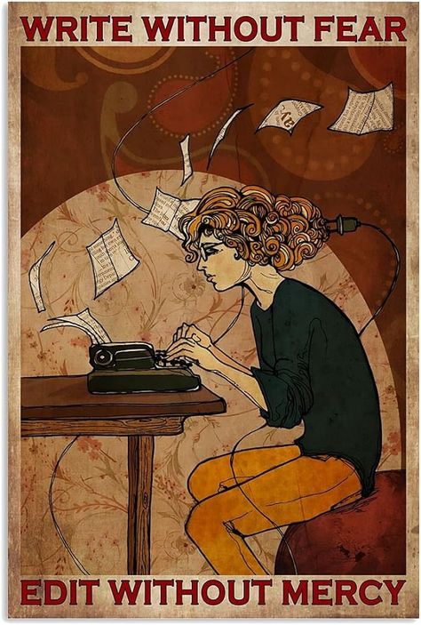 Amazon.com : SaNavie Writer Typing Metal Signs Vintage Office Wall Decor Write Without Fear Edit Without Mercy Tin Posters Room Club Home Art Plaque 12x8 Inch Vintage Metal Tin Sign : Home & Kitchen Woman Writing Illustration, Creative Writing Poster, Girl Writing Illustration, Writer Illustration Art, Writing Illustration Art, Writer Painting, Writer Illustration, Writer Drawing, Writing Illustration