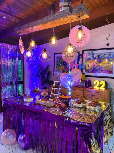 Euphoria Table Decorations, Euphoria Dinner Party, Euphoria Themed Party Food, Euphoria Food Ideas, Disco Party Food Table, Euphoria Party Food, Euphoria Food, Purple Colour Palette, Euphoria Theme