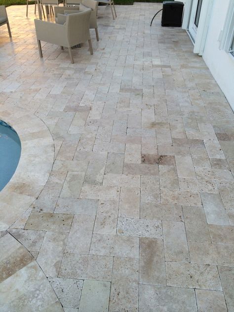 6X12 Ivory Blend Travertine Pavers #naturalstone #travertine #design #homeimprovement #flooring #tile #marble #construction #contractor #homeowners #builders #pavers #floor #wall #exterior #coping #pool #backyard #patio #backsplash #home #homeimprovement #homedecor Backyard Patio Flooring, Backyard Flooring, Travertine Pool Decking, Ideas Backyard Patio, Travertine Patio, Exterior Wall Tiles, Patio Floor, Travertine Pool, Small Patio Design