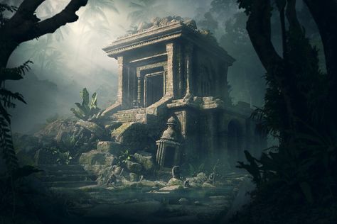 #jungle#ruins#temple#maya#aztec#overgrown#rainforest ruins#tropical ruins#mayan ruins#apes#chimpanzee#gorilla Ruins, Aztec Ruins Art, Aztec Temple Concept Art, Ruined City Fantasy Art, Destroyed Temple, Jungle Sleeve, Tattoo Backpiece, Dark Temple, Jungle Ruins