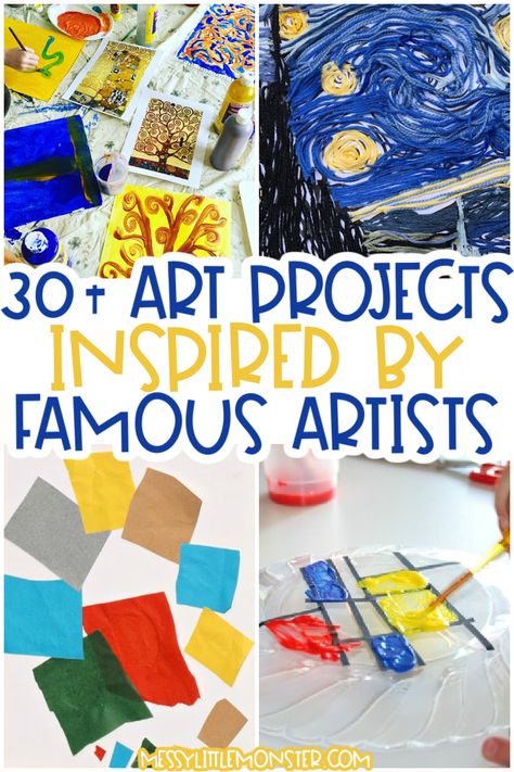 famous artists for kids - fun art projects for kids Famous Art For Preschoolers, Kindergarten Art Projects Famous Artists, Kindergarten Artist Inspired Art, Famous Artists Preschool Activities, Artists For Preschoolers, Art Lessons Elementary Famous Artists, Famous Artists For Preschool, Artist For Preschoolers, Preschool Famous Artist Projects