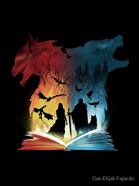 "Book of Fire and Ice" by Dan Elijah Fajardo | Redbubble Dessin Game Of Thrones, Lup Singuratic, Creaturi Mitice, Space Canvas, Poster Book, Gra O Tron, Game Of Thrones Art, Space Poster, Wolf Art