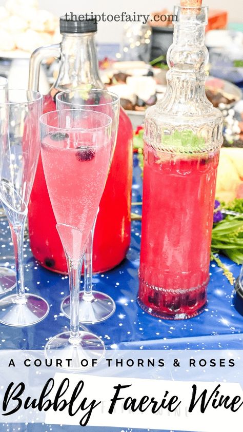 How to make ACOTAR Faerie Wine | The TipToe Fairy Fairy Wine Recipe, Fairy Alcohol Drinks, Acotar Summer Solstice, Book Club Drink Ideas, Acotar Cocktails Ideas, Acotar Drink Recipes, Acotar Themed Drinks, Acotar Inspired Drinks, Fairy Mocktails