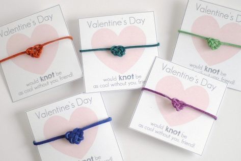 These cards come with friendship bracelets featuring the “heart” knot. | 34 Punny Valentines Any Kid Will Love Braclet Ideas Valentines, Knot Friendship Bracelet, Sew Heart, Knotted Bracelets, Knot Bracelets, Vday Cards, Bracelet Valentines, Punny Valentines, Heart Knot