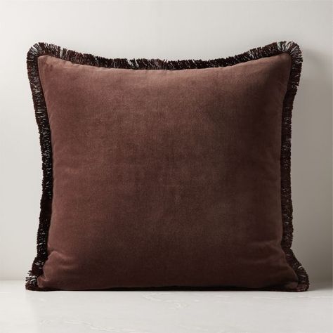 Rich tonal color is the secret to this seriously luxe throw pillow. Chocolate brown velvet is edged in a fringe of darker brown for a look that's polished and pulled together. CB2 exclusive.100% cotton velvetSelf backHidden zipper closureDry-clean onlyMade in India Brown Throw Pillow, Suede Throw Pillows, Brown Throw Pillows, Silk Throw Pillows, Velvet Throw Pillow, Red Throw Pillows, Brown Pillows, Modern Throw Pillows, Fur Throw Pillows