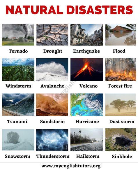 Natural Disasters: List of Common Natural Disasters with the Picture Nature, Biology Lessons, Natural Disasters Lessons, Natural Disasters Activities, Natural Disasters Art, Earth Science Lessons, Project Cover Page, Homemade Bookmarks, File Decoration Ideas