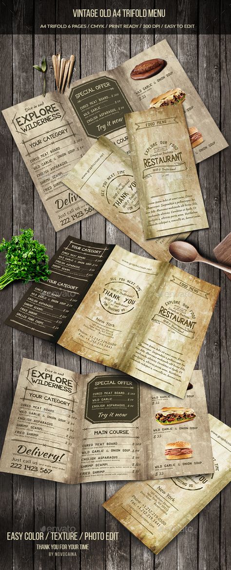 Vintage Old A4 Trifold Menu Template PSD. Download here: https://graphicriver.net/item/vintage-old-a4-trifold-menu/17471668?ref=ksioks Menu Vintage, Menu Layout, Food Menu Template, Trifold Brochure Design, Restaurant Menu Template, Menu Printing, Vintage Menu, Menu Book, Food Menu Design