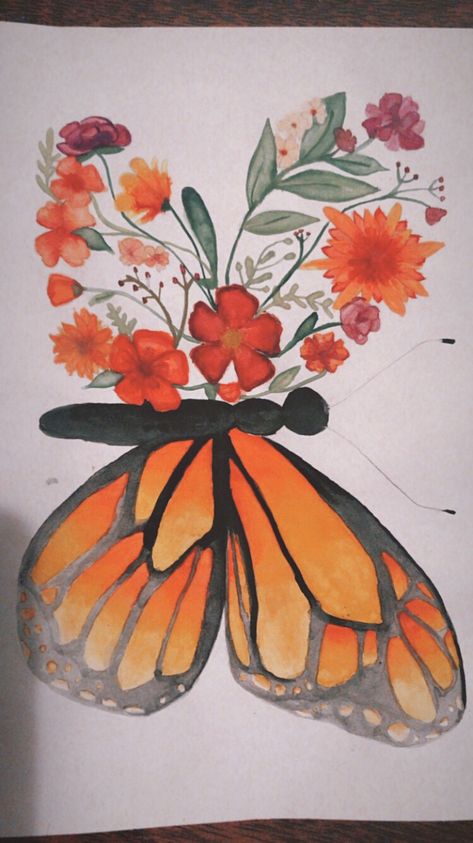 Butterfly and  flowers #waterpaint Fimo, Acrilic Paintings Ideas Butterfly, Butterfly Waterpaint, Beginner Butterfly Painting, Mother’s Day Painting Ideas Butterfly, Butterfly Painting With Flowers, Butterfly With Flowers Painting, Big Butterfly Painting, How To Paint Butterflies Step By Step