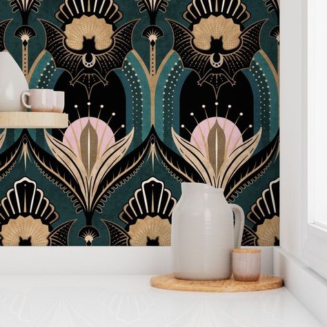 Bathroom Wallpaper Ideas, Art Deco Bathroom, Art Deco Wall, Art Deco Wallpaper, Bathroom Wallpaper, Elegant Art, Teal And Gold, Interior Deco, Wallpaper Ideas