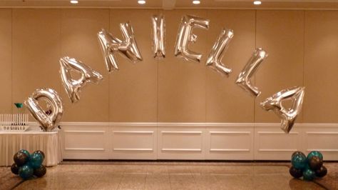 letter balloons | Mitzvah Event Celebrants Name Spelled Out In Letter Balloons | Party ... Party Balloon Decorations, Balloon Quotes, Olympic Theme Party, Name Balloons, Balloon Letters, Baloon Decorations, Carnival Decorations, Graduation Party Planning, Senior Adults