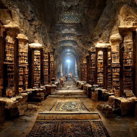 library of Alexandria underground scrolls books desks torches ancient 4K arabesque detailed dark old architecture large hall academia ruins untouched overgrown Petra stone wood Ancient Egypt Aesthetic, Abandoned Library, Ancient Alexandria, Ancient Library, Egypt Aesthetic, Ancient Scroll, Greek Philosophy, Ancient Words, Library Of Alexandria