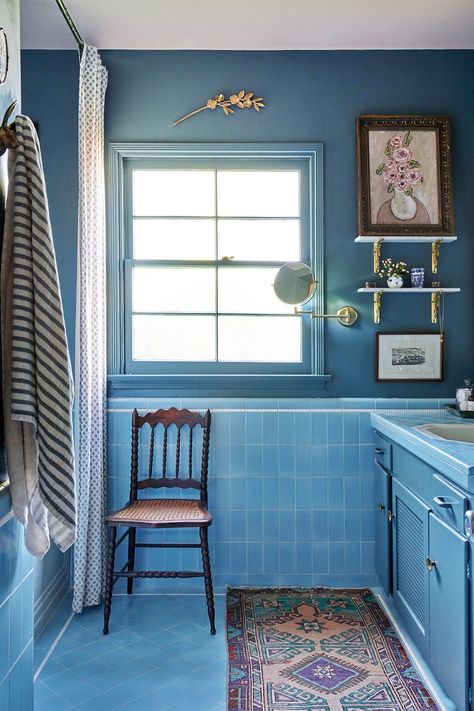 When you can’t renovate, iterate. Bright Blue Bathroom, Inchyra Blue, Blue Bathroom Tile, Colour Consultant, Bad Inspiration, Casa Vintage, Bathroom Update, Blue Tiles, Blue Bathroom