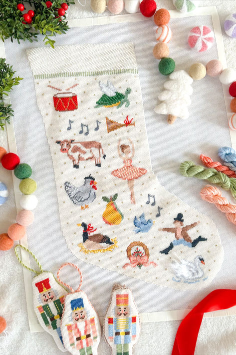 12 days of Christmas stocking stitch guide Long And Short Stitch, Cross Stitch Stocking, Needlepoint Christmas Stockings, Stocking Designs, Needlepoint Stockings, Christmas Sprinkles, Stitch Guide, Needlepoint Christmas, Needlepoint Designs