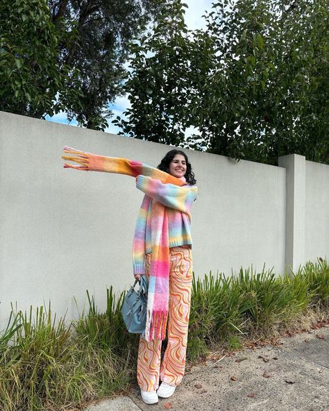 My love language is merging souls ✨🪐🌈 Knit sweater - @sportsgirl Jeans - @romwe dc: quea15 Shoes - @nike Scarf - @kmartaus Rainbow bracelet - @cottonon ୨୧ #colorfuloutfits #colourfulstyle #colourcombo #maximaliststyle #rainbowfashion Nike Scarf, Maximalist Style, Colourful Style, My Love Language, Rainbow Fashion, Love Language, Rainbow Bracelet, Love Languages, Shoes Nike