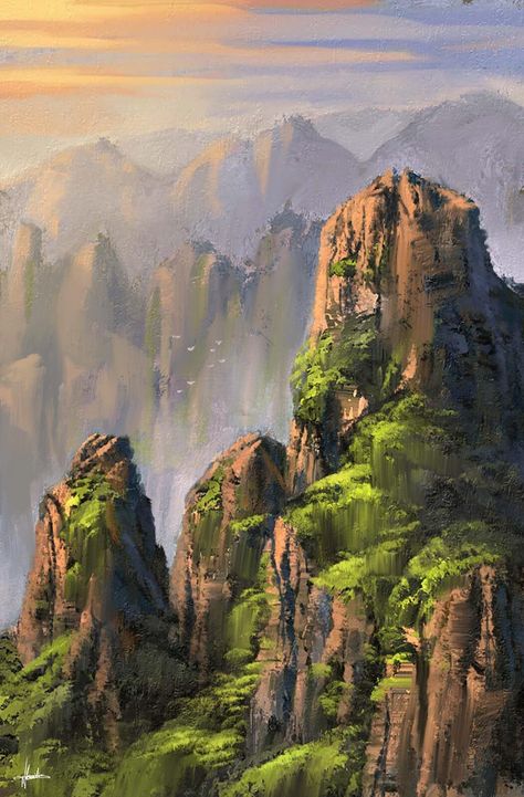 Asian Mountain Painting, Fantasy Mountains Landscapes, Fantasy Mountains Art, Background Mountains Drawing, Mountain Landscape Digital Art, Mountain Fantasy Landscape, Digital Painting Landscape Fantasy Art, Fantasy Japanese Landscape, Mountains Landscape Drawing