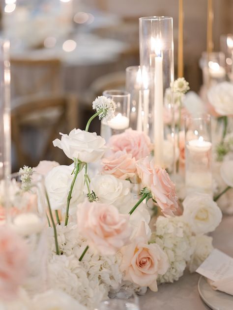 Pastel, Pink Reception Flowers, Peach And White Wedding Florals, Blush And Pink Centerpieces, Blush Candles Wedding, White Blush Pink Wedding, Blush Roses Centerpiece, Pink White Centerpiece Flowers, White And Blush Wedding Arch