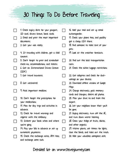 30 things to do before traveling abroad. If you're about to depart on a vacation, grab this printable pdf checklist and start ticking ticking those boxes one by one!  #travel #vacation #traveltips #thingstodo #packingtips How To Prepare For Traveling, International Trip Checklist, Travel Preparation Checklist, Travel Planning Checklist, Checklists For Life, Travel Abroad Packing List, Trip Preparation, Trip Planning Checklist, Travel Packing Checklist