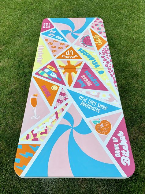 Painted Folding Table, Girly Painted Beer Pong Table, Painted Folding Tables College, Beer Pong Table Painted Pink, Diy Cornhole Boards Paint, Girly Beer Pong Table, Girl Beer Pong Table, Girly Pong Table, Pink Pong Table