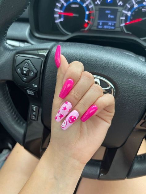 #birthdanails #butterflynails #valentinesnails #valentinesnailsdesign #minnesotanails #minnesotanailtech #nailfashion #nailfeature #nailpromote #nailblogger#nailsdid #glitternails #nailartwow #nailmaster #nicenails #nailsforqueens #nailsofinstagram#instanails #nailsonfleeks #creativenails #gelnaildesign #naturalnaildesign #heartnails #heartnailsdesign #cndshellac #cndnails #naturalnailsonlytime #selfish_london #gelnailart #handpainted Pink Preppy Smiley Face Nails, Cute Acrylic Nails Medium Length Coffin, Cute Hot Pink Acrylic Nails, Trending Acrylic Nails 2023 Pink, Hot Pink Acrylic Nails Coffin Design, Nail Ideas Acrylic Hot Pink, Cute Acrylic Nail Designs Pink, Hot Pink Nails Smiley Face, Acrylic Nail Designs Smiley Face