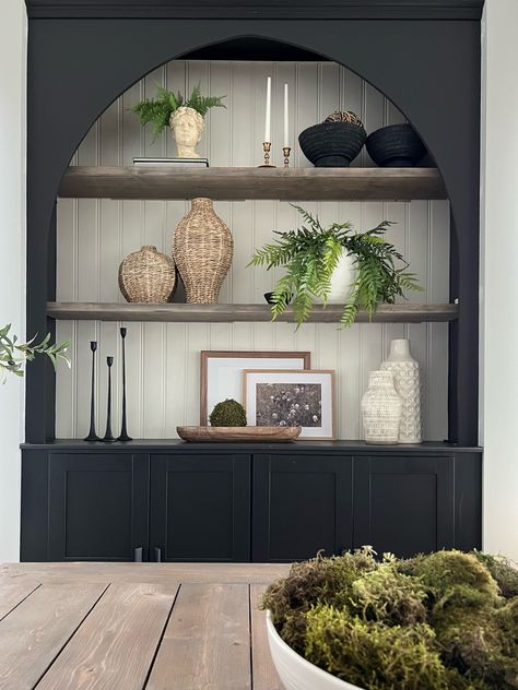 Styling A Cabinet, Built In Cabinet Decorating Ideas, Bookcase Living Room Decor, Transitional Bookshelf Decor, Curated Shelves Living Rooms, Corner Shelf Styling Living Rooms, Arch Built In Shelves Living Room, Dining Room Shelves Decor Modern, Shelf Decor Around Tv