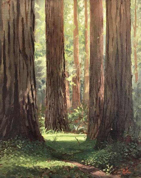 Tree Painting Impressionist, Painting Of A Forest, Woods Watercolor Painting, Cool Nature Paintings, Woods Drawing Easy, Landscape Painting Inspiration, Woods Painting Easy, Peaceful Paintings Easy, Woodsy Paintings