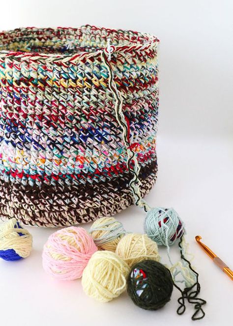 Scrap Yarn Crochet Basket - Scrapbusting Idea! | My Poppet Makes Crochet Scrap Yarn Basket, Scrap Yarn Crochet Basket, Beginner Crochet Basket, Crochet Scrap Yarn Projects, Scrap Yarn Crochet Projects, Cheap Christmas Gift Ideas, Yarn Baskets, Cheap Christmas Gift, Yarn Projects Crochet