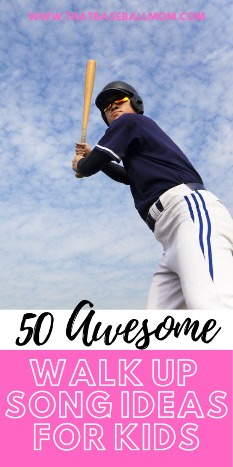 Get a list of 50+ walk up songs for baseball players, softball players, and kids of all ages! Be sure to listen to the lyrics first to ensure they're appropriate for your child. Youth Baseball Walk Up Songs, Walk Out Songs For Softball, Softball Allstars Ideas, Best Softball Walk Up Songs, Softball Music Playlist, Funny Walk Up Songs Softball, Best Walk Up Songs For Baseball, Baseball Songs Playlist, Softball Songs Playlist