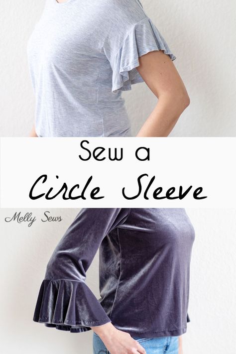 Circle Sleeve Tutorial - How to Sew a Sleeve Ruffle - Melly Sews #howtosew #sewing #sewingtutorial Couture, How To Sew A Ruffle Sleeve, How To Sew Ruffle Sleeves, How To Sew Sleeves Tutorials, Circle Sleeve Pattern, How To Sew Sleeves On A Shirt, How To Sew Sleeves, Ruffle Tutorial, How To Sew A Ruffle