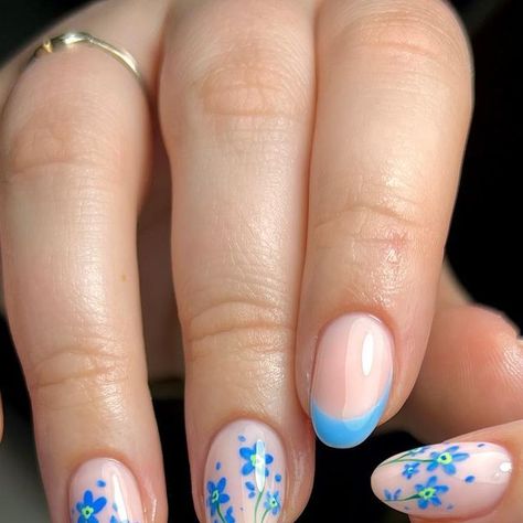 Forget Me Not Flower Nail Art, Forget Me Not Flower Nails, Forget Me Not Nail Art, Bluebell Nails, Forget Me Not Nails, French Tip Gel Nails, Bridesmaids Nails, Snow Drop, Nail Color Combos