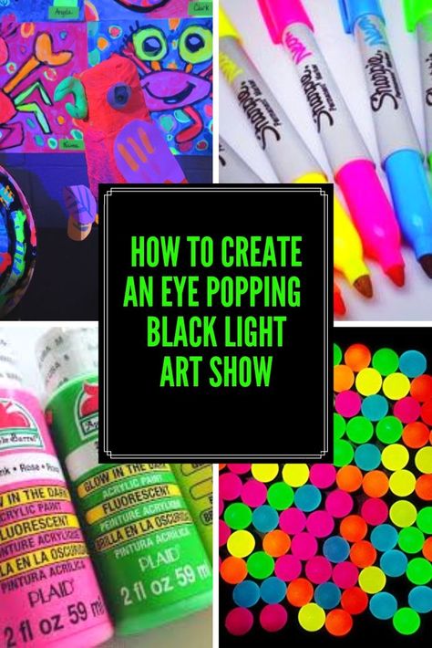 How to create an eye popping black light art show. Diy Black Light Paint, Glow In The Dark Elementary Art, Blacklight Art Ideas, Black Light Art Show, Elementary Art Show Themes, Blacklight Art Projects, Glow Room Ideas, Neon Art Projects Elementary, Black Light Classroom Ideas