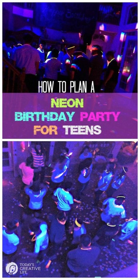 Let me show you how easy it is to plan a Glow in the Dark Dance Party! | How to Plan a Neon Birthday Party for Teens | Teen Dance Party Ideas | Party Planning for young adults | Neon Party | TodaysCreativeLife.com Snacks At Birthday Party, Dance Party Ideas Decoration, Birthday Party Necessities List, Pool Glow Party Ideas, Glow In The Dark Teenage Party Ideas, Glow Party Decorations Black Lights, Neon Dance Decorations, Glow Disco Party, Outside Glow In The Dark Party