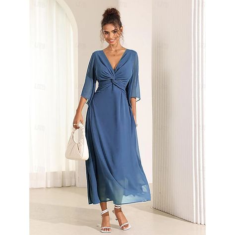 Women's Chiffon Plain Ruffle Twisted V Neck Flared Sleeve Maxi Dress Elegant Wedding Guest Cocktail Party 3/4 Length Sleeve Summer 2024 - $39.99 Dressy Clothes, Maxi Dress Elegant, Vacation Wedding, Cheap Party Dresses, Party Dresses Online, Plain Design, Sleeve Maxi Dress, Vintage Elegant, Dress Elegant