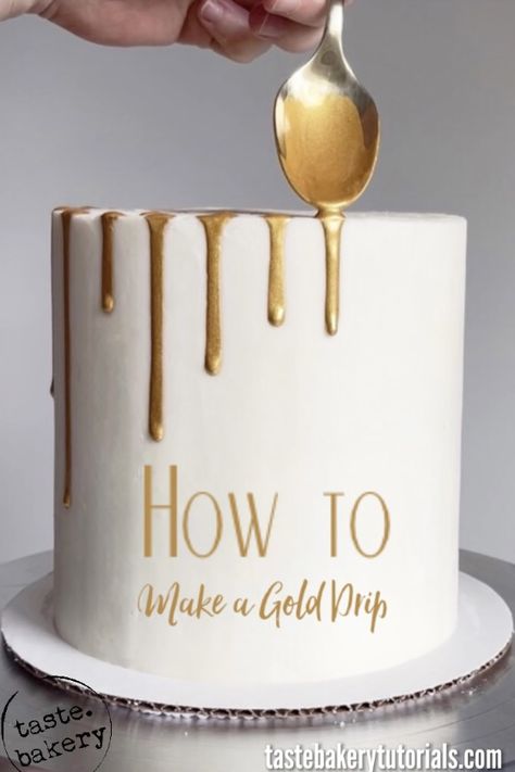 Good Drip Cake, How To Cake Drip, White And Gold Drip Cake Birthday, Black And Gold Cake Decoration, 50th Anniversary Cakes Buttercream, Gold Sprinkles On Cake, How To Make Gold Chocolate Drip, How To Make Gold Ganache Drip, Gold Drip On Cake