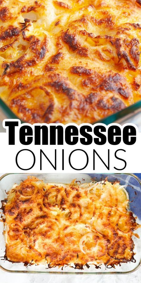 This Tennessee onions recipe is so simple but tastes amazing!!! This side dish recipe is one that everyone will want again and again. Onions, seasonings, and cheese and layered in a baking sheet and baked to golden brown perfection. Few Ingredient Side Dishes, Peppers Side Dish Recipes, Baked Onion Recipes, Easy Covered Dish Recipes, Texas Onions, Side Dishes With Hamburgers, Tennessee Onions Recipe, Supper Side Dishes, Cheesy Onions