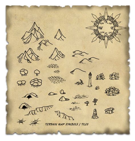 Terrain Map Symbol / Tiles cartography icons | Create your own roleplaying game material w/ RPG Bard: www.rpgbard.com | Writing inspiration for Dungeons and Dragons DND D&D Pathfinder PFRPG Warhammer 40k Star Wars Shadowrun Call of Cthulhu Lord of the Rings LoTR + d20 fantasy science fiction scifi horror design | Not Trusty Sword art: click artwork for source Fictional Maps, Fantasy Cartography, Pirate Map, Cartography Map, Map Drawing, Map Sketch, Fantasy Map Making, Map Symbols, Map Making