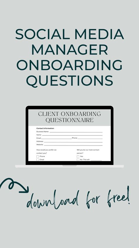 Transform your social media management approach with our FREE Client Onboarding Questionnaire. This essential tool is designed to help you understand your client's social media needs, expectations, and preferences. By gaining insight into their unique vision, you can tailor your services to achieve the best results. Don't miss out on this powerful tool to elevate your social media management game! Social Media Client Questionnaire, Client Onboarding Questionnaire, Comunity Manager, Client Questionnaire, Client Onboarding, Social Media Management Business, Questionnaire Template, Management Games, Social Media Management Tools