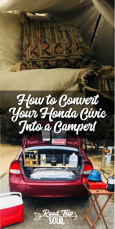 Super cute conversion of a Honda Civic into a mini camper! Love this! | Road Trip Soul Auto Camping, Accessoires Camping Car, Sleep In Car, Emergency Planning, Sleeping In Your Car, Zelt Camping, Suv Camper, Living In Car, Suv Camping