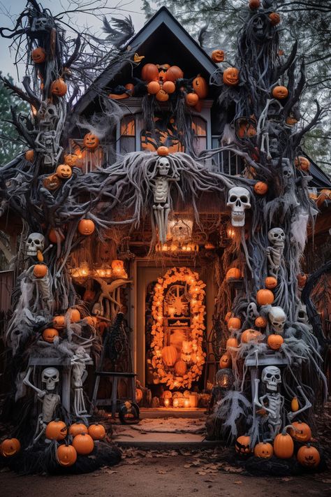 Traditional Halloween Decorations, Autumn Yard Decor, Yard Halloween Decorations Ideas, House Halloween Decorations Outdoor, Victorian Haunted House, Halloween Decorations Aesthetic, Haunted House Aesthetic, Old Halloween Aesthetic, Yard Halloween Decorations