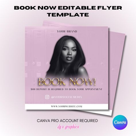 BOOK NOW FLYER TEMPLATE ♡ This editable template is simple to use and fully customizable, allowing you to add your own text and colors in Canva! Simply double-click the image, delete it, and insert your own. Canva is free and user-friendly, but upgrading to Canva Pro offers enhanced features.  **Please note, this is an instant download digital file This Purchase includes : - 1 Book Now Flyer - 1080 × 1080 px (Instagram / Facebook / Twitter / Snapchat Feed Post) - 1 PDF file with the link to edit this template in Canva - Lifetime Access How it works :  1. Complete your purchase of the listing. 2. Download the PDF containing the link to edit the template in Canva. 3. Set up a FREE or Canva PRO account. 4. Customize the template as needed. It's fully editable--change the phone background, ima Lash Flyer, Social Media Flyer, Brand Book, Canva Pro, Facebook Twitter, Editable Template, Flyer Template, Accounting, Snapchat