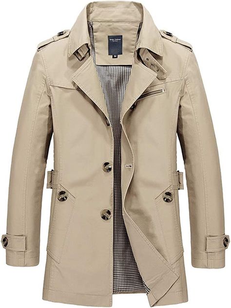 chouyatou Men's Slim Notched Collar Single Breasted Cotton Jacket Office Trench Coat (Large, Army Green) at Amazon Men’s Clothing store Mens Long Jacket, Mens Winter Sweaters, Casual Trench Coat, Waterproof Jacket Men, Style Anglais, Mode Mantel, Men's Trench Coat, Business Jacket, Windbreaker Jacket Mens