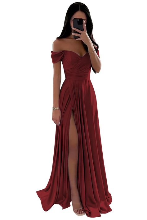 Dark Red Prom Dress, Burgundy Satin Dress, Maroon Prom Dress, Flowy Prom Dresses, Off Shoulder Bridesmaid, Maroon Bridesmaid Dresses, Off Shoulder Bridesmaid Dress, Prom Dresses Off The Shoulder, Silk Prom Dress