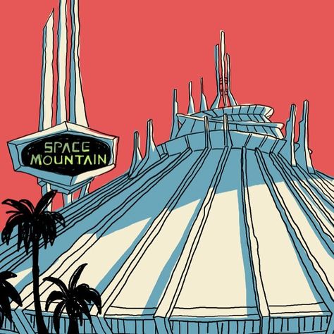 Disneyland Space Mountain, Space Mountain Disneyland, Disney Space Mountain, Disneyland Scrapbook, Disney Mural, Vintage Disney Posters, Cardboard City, Mountain Tee, Tee Ideas