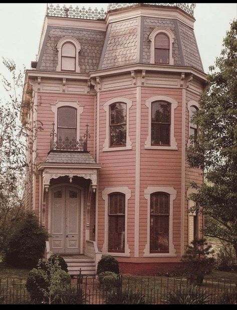 exterior of two story dusty pink victorian home Victorian Architecture, Pink Victorian, Victorian Style Homes, Star Crossed, Cute House, Pink Houses, Apartment Inspiration, Pretty House, Beautiful Architecture