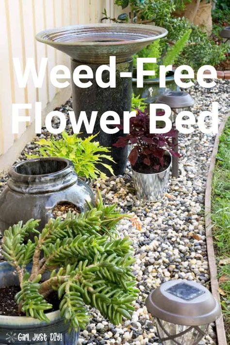 Click to see the simple 8 Steps for creating a low maintenance DIY weed-free flower bed. Great rock flower bed for front of yard and perfect for beginners. #GirlJustDIY #flowerbedideas #rockflowerbeds #diyflowerbed Front Yard Flower Beds Against The House Low Maintenance, Flower Beds Low Maintenance, Flower And Rock Garden Ideas, Rock Bed Garden Ideas, Rock Beds In Front Of House, Diy Rock Garden Ideas Flower Beds, Rock Garden Flower Beds, Ideas For Flower Beds In Front Of House, Rock Filled Flower Beds