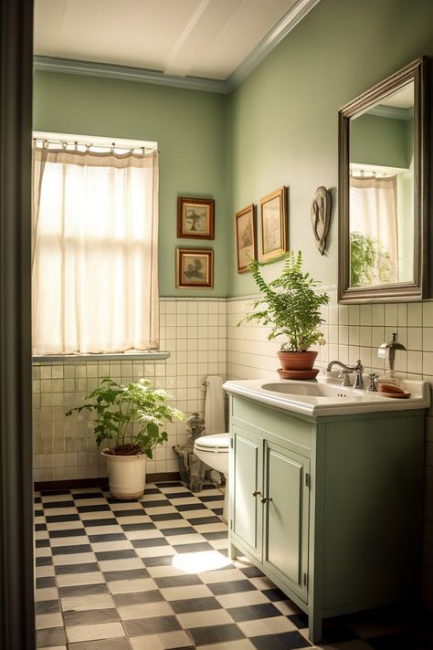 Green Bathrooms Inspiration, Light Green Bathrooms, Dark Green Bathrooms, Green Tile Bathroom, Farmhouse Small, Ideas Small Bathroom, Checkered Floors, Bathroom Ideas Small, Cottage Bathroom