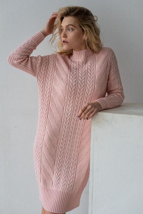 Blush pink cable knit dress for women Powder pink dress knee length clothing knit wool dress winter spring fashion gift for momOne Size fits for XS-MFree shipping worldwideThis item can be made in ANY SIZE and color (1-3 weeks for production). Contact us, and we will advice about color availability and measures required. The wool is machine washable with program of "wool" or "delicate" Low temp. 30°Designed & Created by Gurenkova Knitwear Wool Dress Winter, Powder Pink Dress, Winter Sweater Dresses, Pink Sweater Dress, Cable Knit Dress, Wool Knitted Dress, Long Knit Sweater, Blush Pink Dresses, Jersey Knit Dress